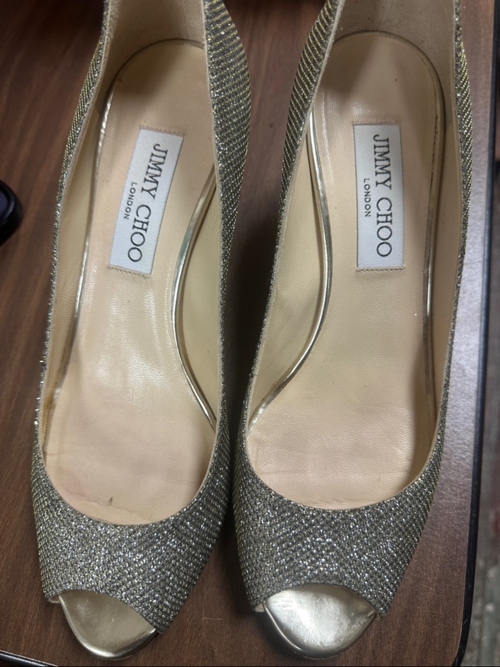 Jimmy Choo Gold Glitter Peep-Toe Heels